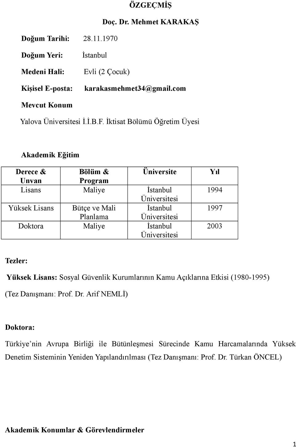 Maliye İstanbul Üniversitesi Yıl 1994 1997 2003 Tezler: Yüksek Lisans: Sosyal Güvenlik Kurumlarının Kamu Açıklarına Etkisi (1980-1995) (Tez Danışmanı: Prof. Dr.