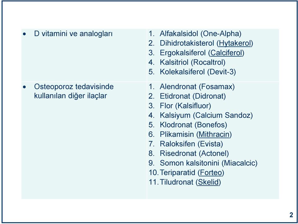 Alendronat (Fosamax) 2. Etidronat (Didronat) 3. Flor (Kalsifluor) 4. Kalsiyum (Calcium Sandoz) 5. Klodronat (Bonefos) 6.