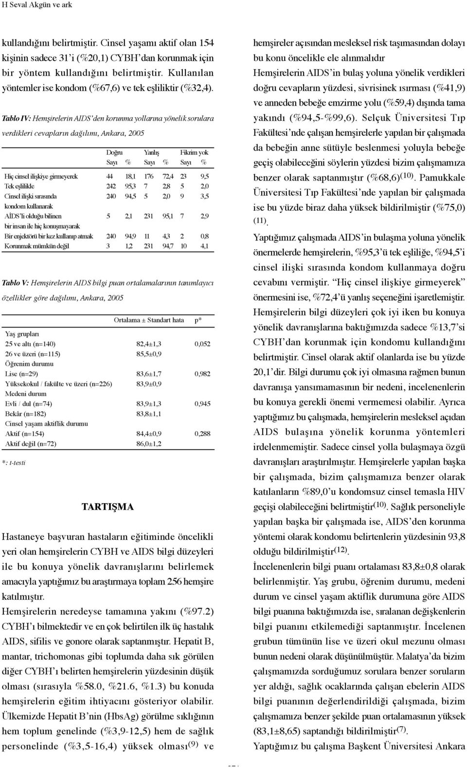 Tablo IV: Hemşirelerin AIDS den korunma yollarına yönelik sorulara verdikleri cevapların dağılımı, Ankara, 2005 Tablo V: Hemşirelerin AIDS bilgi puan ortalamalarının tanımlayıcı özellikler göre