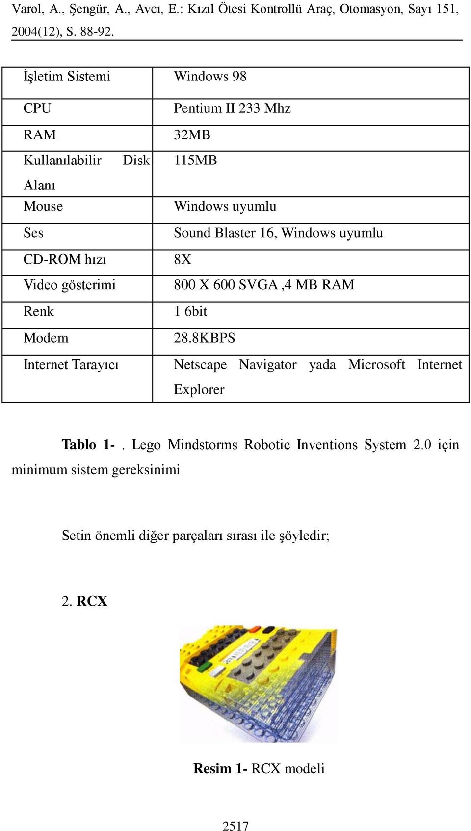 RAM 1 6bit 28.8KBPS Netscape Navigator yada Microsoft Internet Explorer Tablo 1-.