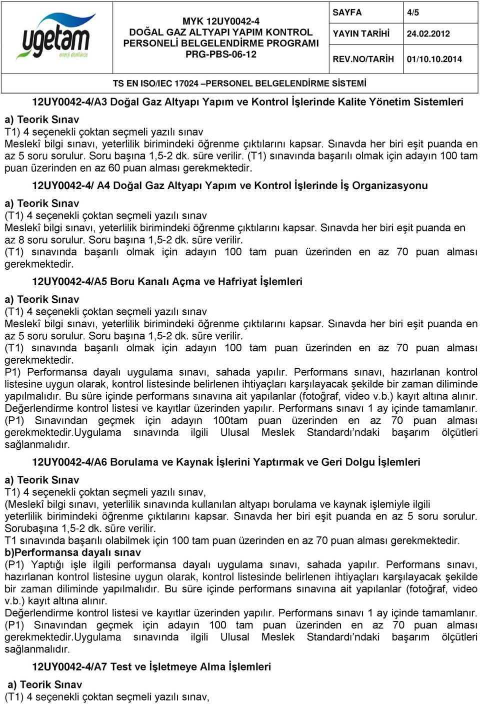 Soru başına 1,5-2 dk. süre verilir. 12UY0042-4/A5 Boru Kanalı Açma ve Hafriyat İşlemleri az 5 soru sorulur. Soru başına 1,5-2 dk. süre verilir. P1) Performansa dayalı uygulama sınavı, sahada yapılır.