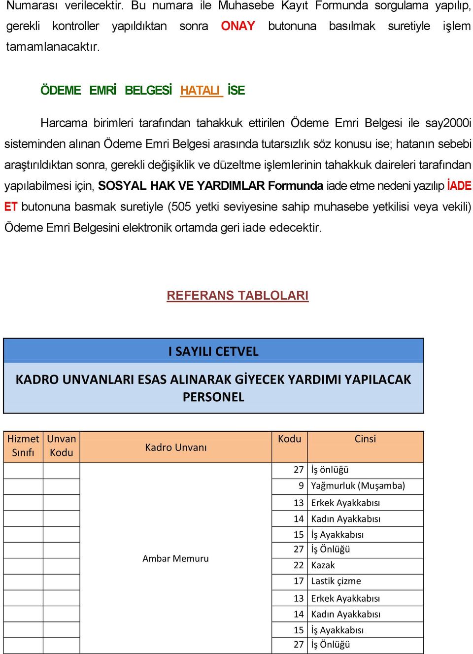 araştırıldıktan sonra, gerekli değişiklik ve düzeltme işlemlerinin tahakkuk daireleri tarafından yapılabilmesi için, SOSYAL HAK VE YARDIMLAR Formunda iade etme nedeni yazılıp İADE ET butonuna basmak