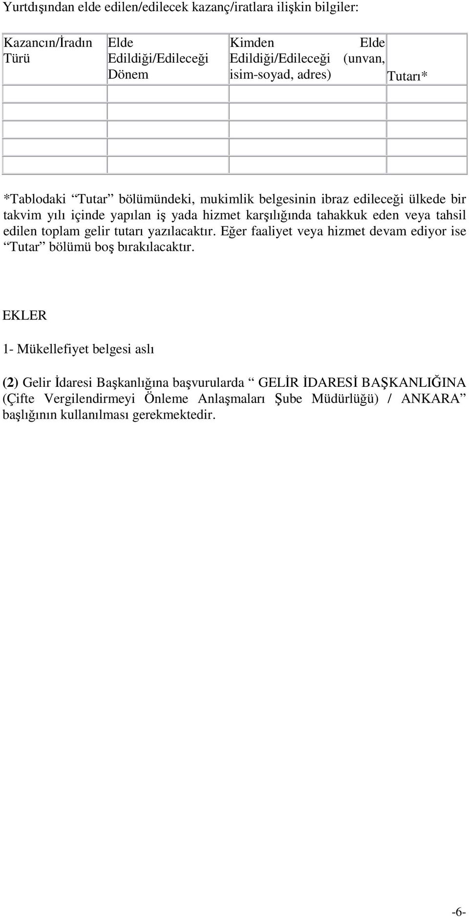 edilen toplam gelir tutarı yazılacaktır. Eğer faaliyet veya hizmet devam ediyor ise Tutar bölümü boş bırakılacaktır.