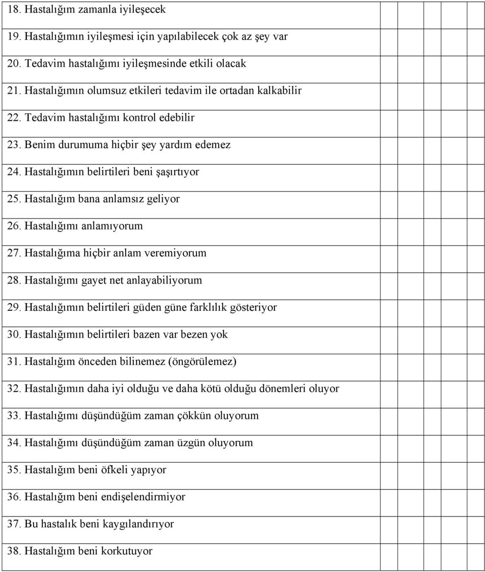 Hastalığım bana anlamsız geliyor 26. Hastalığımı anlamıyorum 27. Hastalığıma hiçbir anlam veremiyorum 28. Hastalığımı gayet net anlayabiliyorum 29.