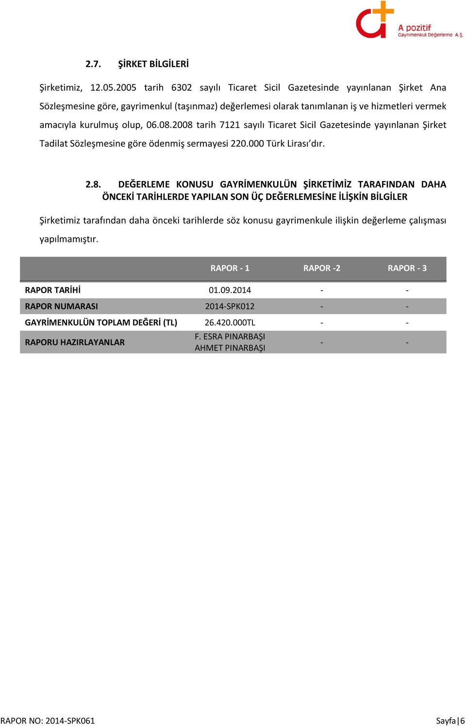 2008 tarih 7121 sayılı Ticaret Sicil Gazetesinde yayınlanan Şirket Tadilat Sözleşmesine göre ödenmiş sermayesi 220.000 Türk Lirası dır. 2.8. DEĞERLEME KONUSU GAYRİMENKULÜN ŞİRKETİMİZ TARAFINDAN DAHA