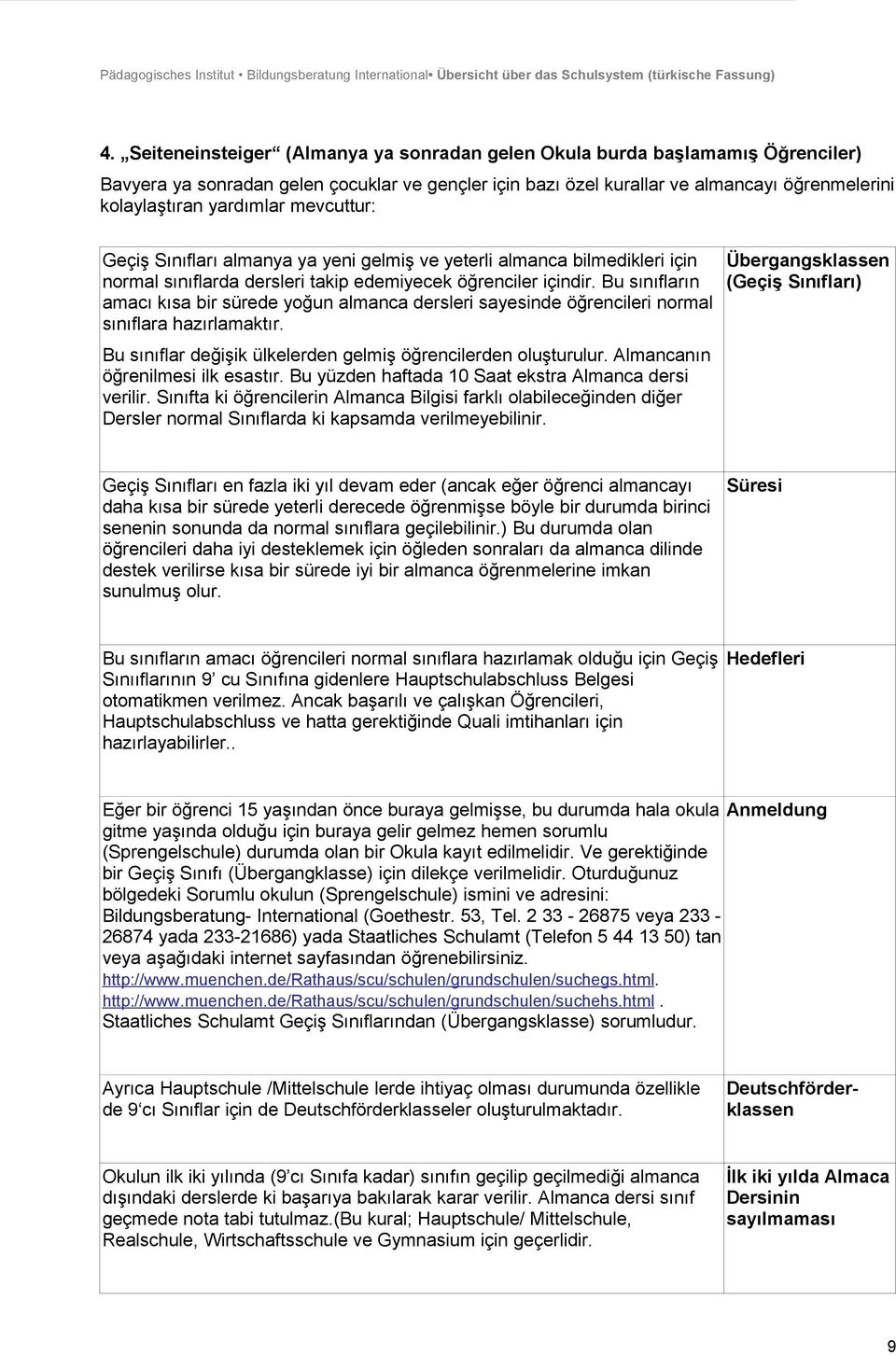 Bu sınıfların amacı kısa bir sürede yoğun almanca dersleri sayesinde öğrencileri normal sınıflara hazırlamaktır. Bu sınıflar değişik ülkelerden gelmiş öğrencilerden oluşturulur.