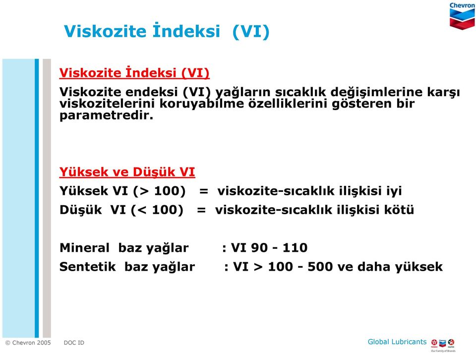 Yüksek ve Düşük VI Yüksek VI (> 100) = viskozitesıcaklık ilişkisi iyi Düşük VI (< 100) =