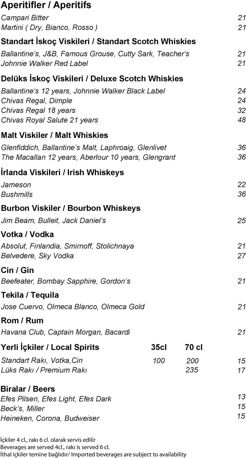 Whiskies Glenfiddich, Ballantine s Malt, Laphroaig, Glenlivet The Macallan 12 years, Aberlour 10 years, Glengrant İrlanda Viskileri / Irish Whiskeys Jameson Bushmills Burbon Viskiler / Bourbon