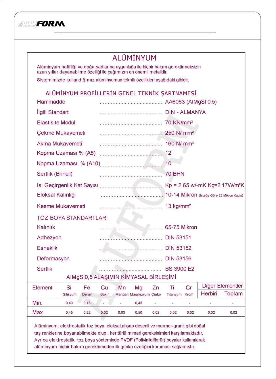 ALÜMİNYUM PROFİLLERİN GENEL TEKNİK ŞARTNAMESİ Hammadde İlgili Standart Elastisite Modül Çekme Mukavemeti Akma Mukavemeti Sertlik (Brinell) Eloksal Kalınlığı TOZ BOYA STANDARTLARI Adhezyon Deformasyon