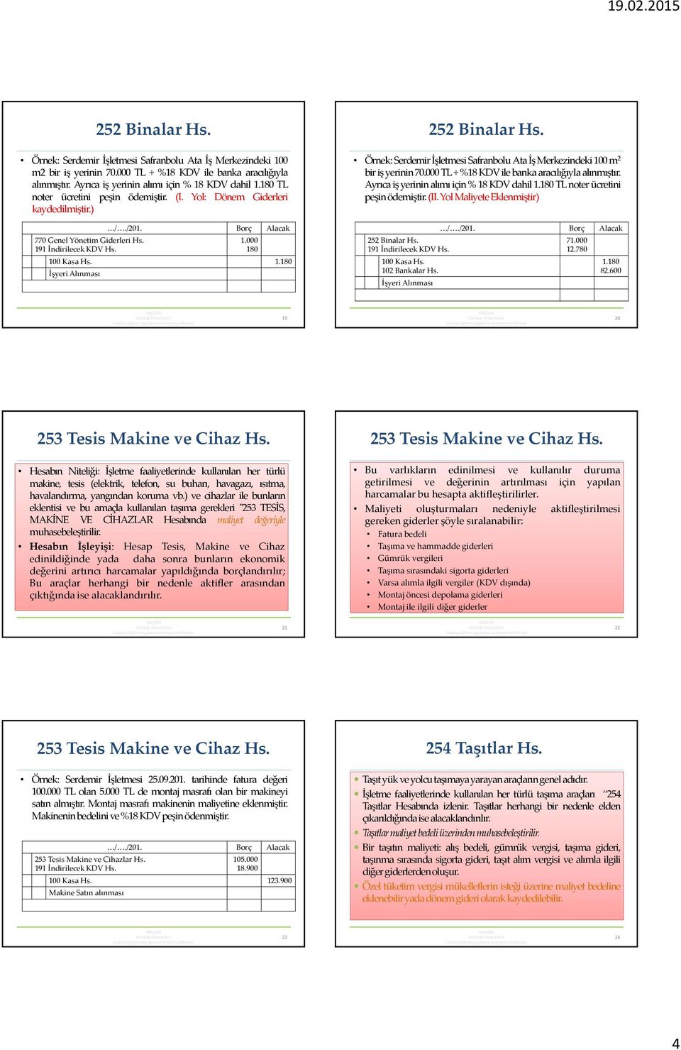 000 180 100 Kasa Hs. 1.180 İşyeriAlınması Örnek:SerdemirİşletmesiSafranboluAtaİşMerkezindeki100m 2 birişyerinin70.000tl+%18kdvile bankaaracılığıylaalınmıştır. Ayrıcaişyerininalımıiçin%18KDVdahil1.