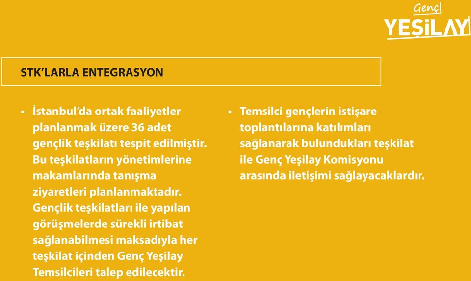 Gençlik teşkilatları ile yapılan görüşmelerde sürekli irtibat sağlanabilmesi maksadıyla her teşkilat içinden Genç Yeşilay