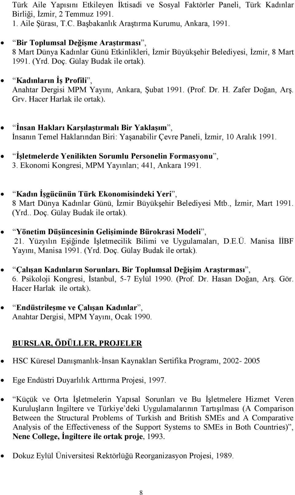 Kadınların ĠĢ Profili, Anahtar Dergisi MPM Yayını, Ankara, Şubat 1991. (Prof. Dr. H. Zafer Doğan, Arş. Grv. Hacer Harlak ile ortak).