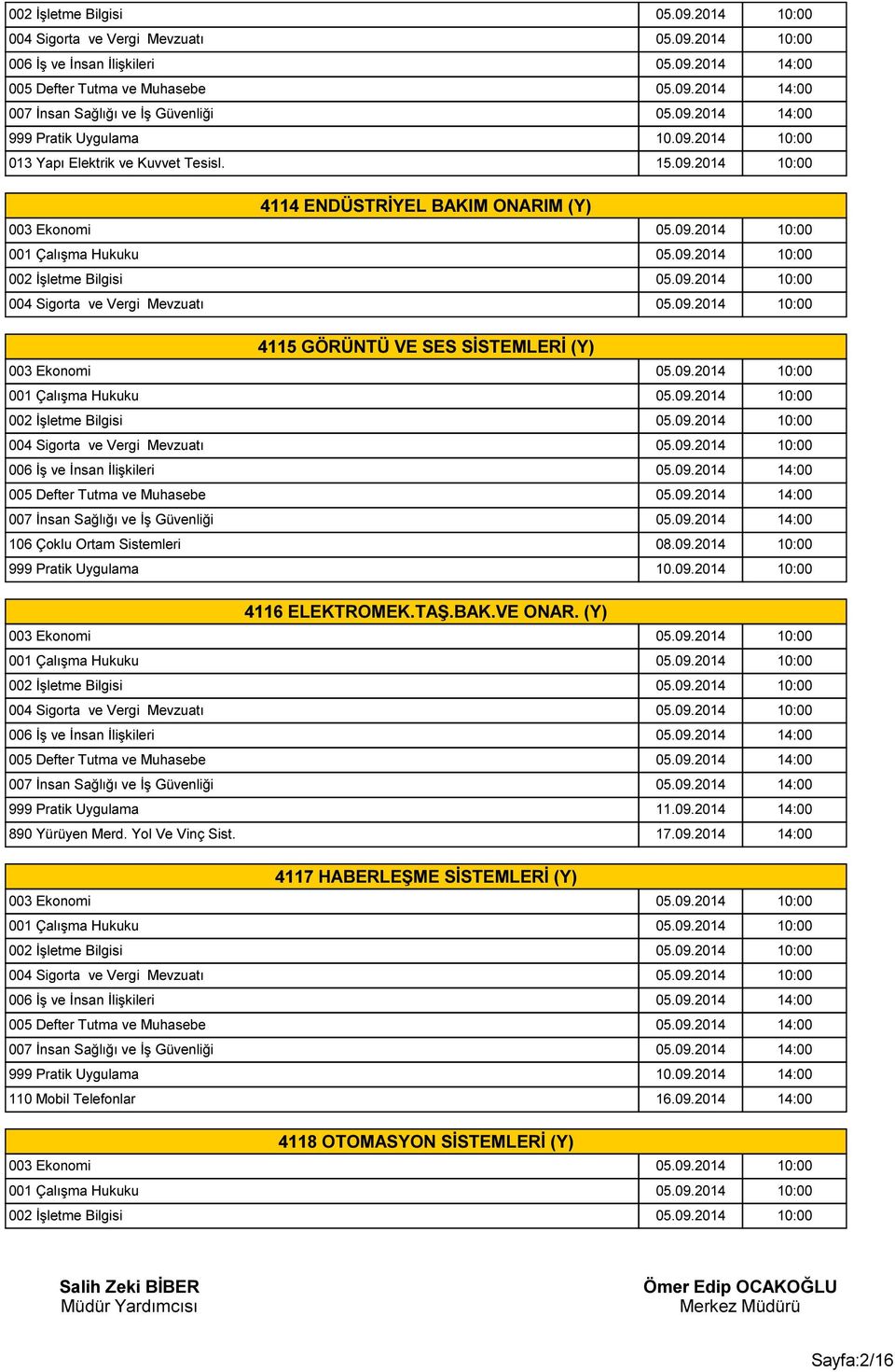 09.2014 10:00 4116 ELEKTROMEK.TAŞ.BAK.VE ONAR. (Y) 999 Pratik Uygulama 11.09.2014 14:00 890 Yürüyen Merd.