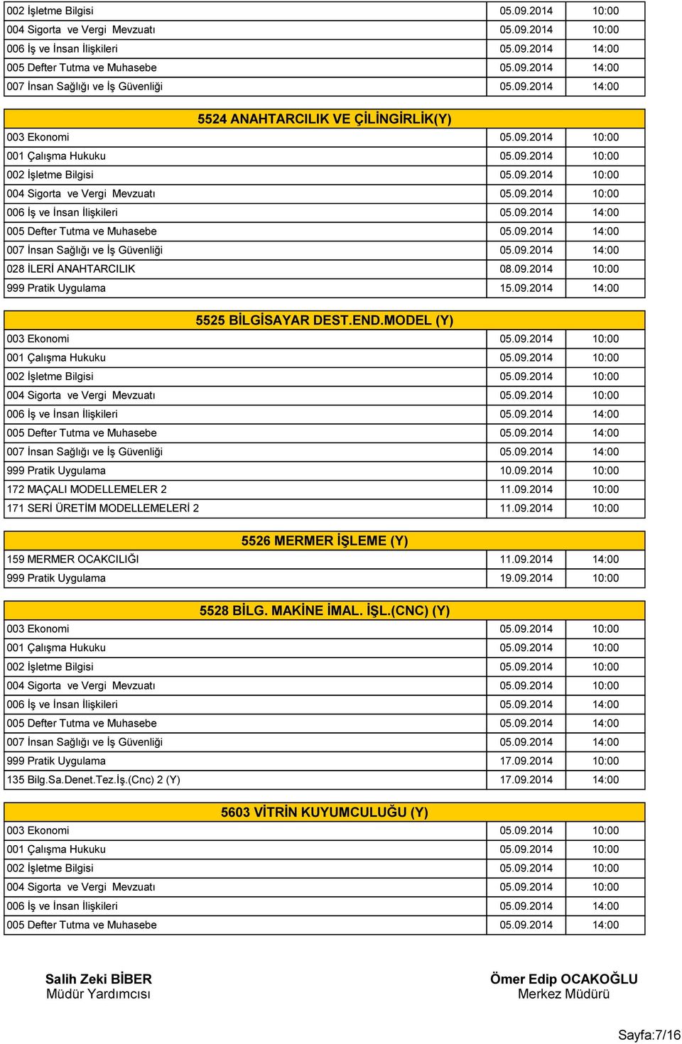 09.2014 14:00 5528 BİLG. MAKİNE İMAL. İŞL.(CNC) (Y) 999 Pratik Uygulama 17.09.2014 10:00 135 Bilg.Sa.Denet.Tez.İş.