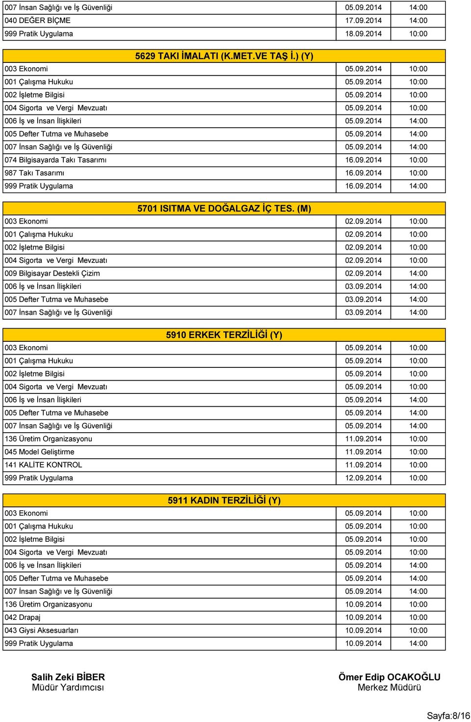 09.2014 14:00 006 İş ve İnsan İlişkileri 03.09.2014 14:00 005 Defter Tutma ve Muhasebe 03.09.2014 14:00 007 İnsan Sağlığı ve İş Güvenliği 03.09.2014 14:00 5910 ERKEK TERZİLİĞİ (Y) 136 Üretim Organizasyonu 11.