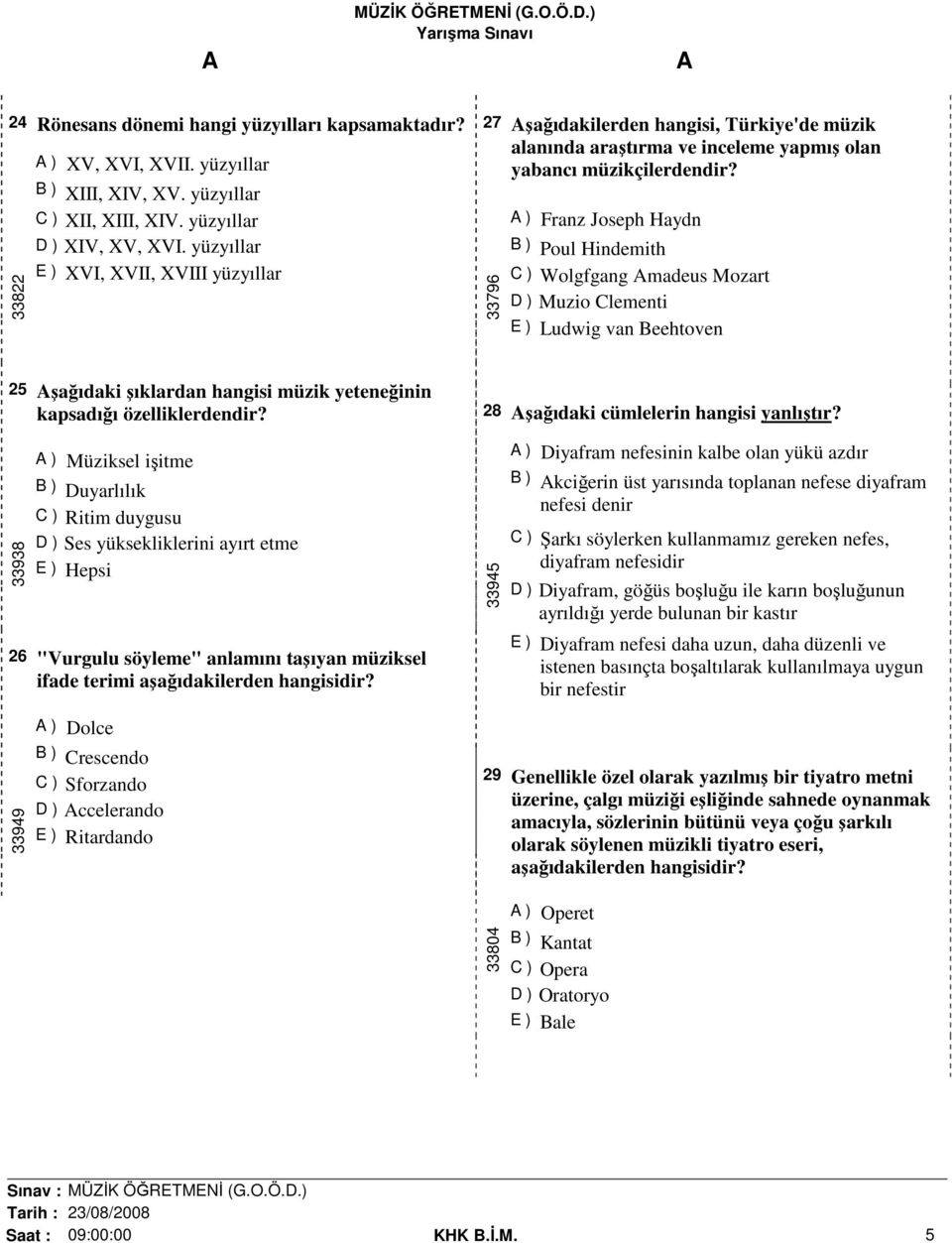 33796 A ) Franz Joseph Haydn B ) Poul Hindemith C ) Wolgfgang Amadeus Mozart D ) Muzio Clementi E ) Ludwig van Beehtoven 25 Aşağıdaki şıklardan hangisi müzik yeteneğinin kapsadığı özelliklerdendir?