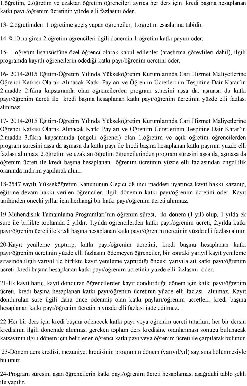 öğretim lisansüstüne özel öğrenci olarak kabul edilenler (araştırma görevlileri dahil), ilgili programda kayıtlı öğrencilerin ödediği katkı payı/öğrenim 16-2014-2015 Eğitim-Öğretim Yılında