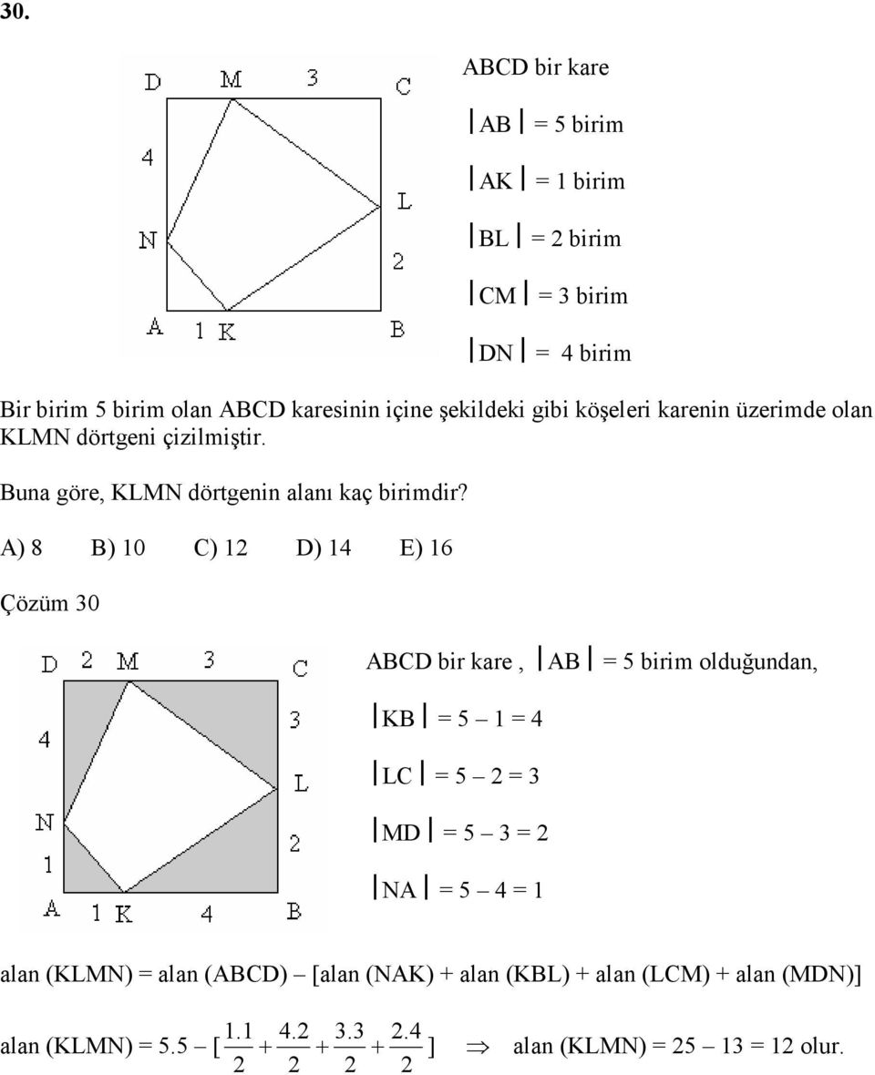 Buna göre, KLMN dörtgenin alanı kaç birimdir?