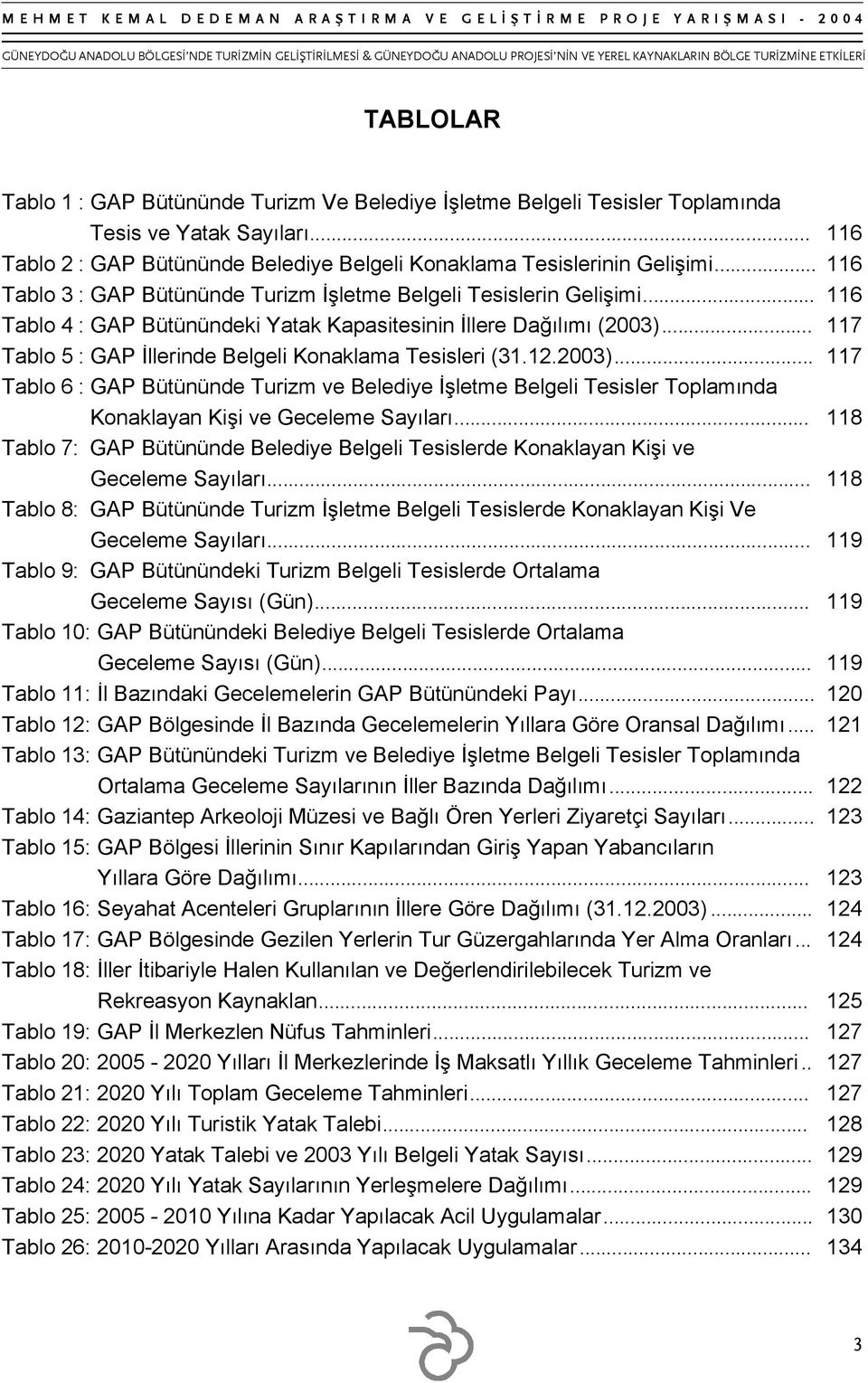 .. 117 Tablo 5: GAP İllerinde Belgeli Konaklama Tesisleri (31.12.2003)... 117 Tablo 6: GAP Bütününde Turizm ve Belediye İşletme Belgeli Tesisler Toplamında Konaklayan Kişi ve Geceleme Sayıları.