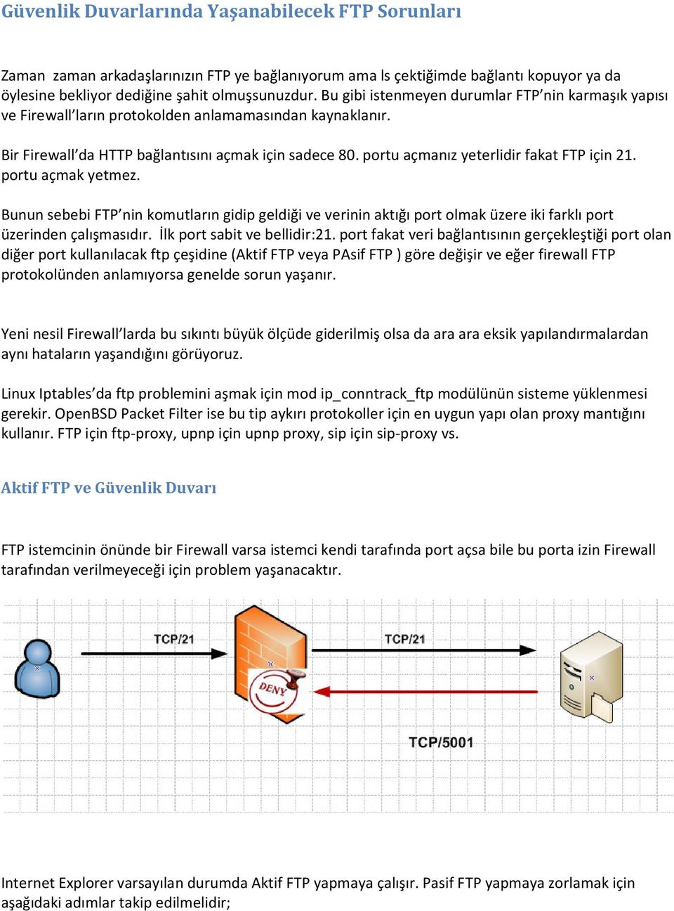 portu açmanız yeterlidir fakat FTP için 21. portu açmak yetmez. Bunun sebebi FTP nin komutların gidip geldiği ve verinin aktığı port olmak üzere iki farklı port üzerinden çalışmasıdır.