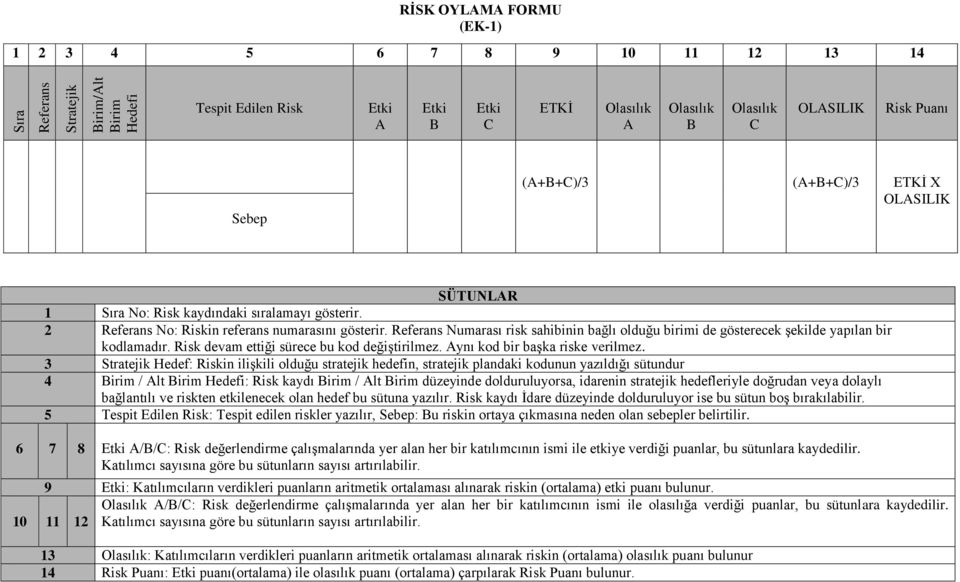 Referans Numarası risk sahibinin bağlı olduğu birimi de gösterecek şekilde yapılan bir kodlamadır. Risk devam ettiği sürece bu kod değiştirilmez. Aynı kod bir başka riske verilmez.