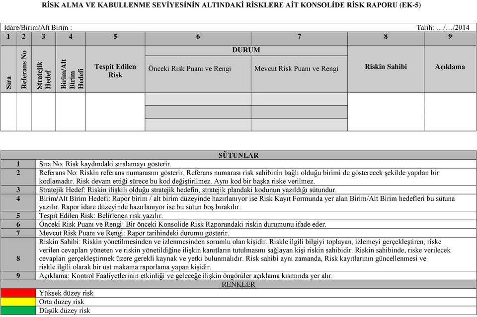 2 Referans No: Riskin referans numarasını gösterir. Referans numarası risk sahibinin bağlı olduğu birimi de gösterecek şekilde yapılan bir kodlamadır. Risk devam ettiği sürece bu kod değiştirilmez.