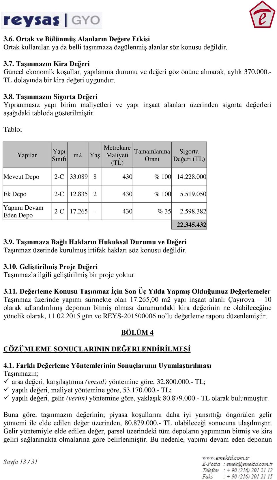 Taşınmazın Sigorta Değeri Yıpranmasız yapı birim maliyetleri ve yapı inşaat alanları üzerinden sigorta değerleri aşağıdaki tabloda gösterilmiştir.