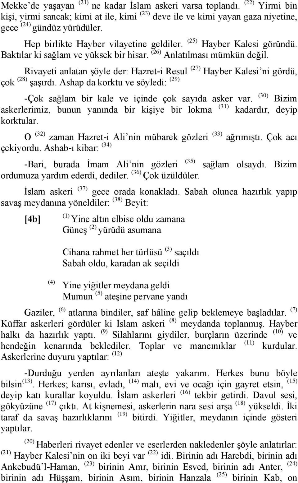 Rivayeti anlatan şöyle der: Hazret-i Resul (27) Hayber Kalesi ni gördü, çok (28) şaşırdı. Ashap da korktu ve söyledi: (29) -Çok sağlam bir kale ve içinde çok sayıda asker var.