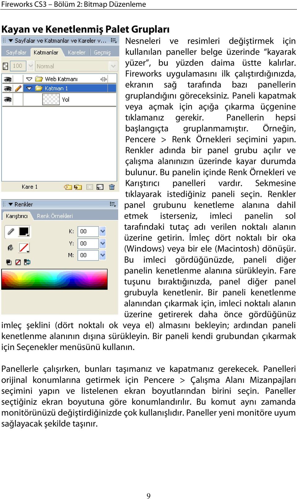 Panellerin hepsi başlangıçta gruplanmamıştır. Örneğin, Pencere > Renk Örnekleri seçimini yapın. Renkler adında bir panel grubu açılır ve çalışma alanınızın üzerinde kayar durumda bulunur.