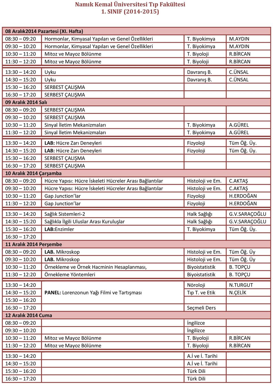 Biyokimya A.GÜREL 11:30 12:20 Sinyal İletim Mekanizmaları T. Biyokimya A.GÜREL LAB: Hücre Zarı Deneyleri Fizyoloji Tüm Öğ. Üy.