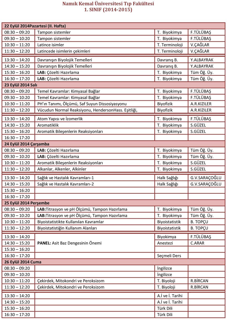 Biyokimya Tüm Öğ. Üy. LAB: Çözelti Hazırlama T. Biyokimya Tüm Öğ. Üy. 23 Eylül 2014 Salı Temel Kavramlar: Kimyasal Bağlar T. Biyokimya F.TÜLÜBAŞ 09:30 10:20 Temel Kavramlar: Kimyasal Bağlar T.