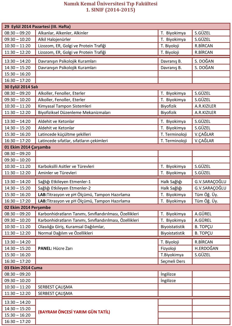 Biyokimya S.GÜZEL 09:30 10:20 Alkoller, Fenoller, Eterler T. Biyokimya S.GÜZEL 10:30 11:20 Kimyasal Tampon Sistemleri Biyofizik A.R.