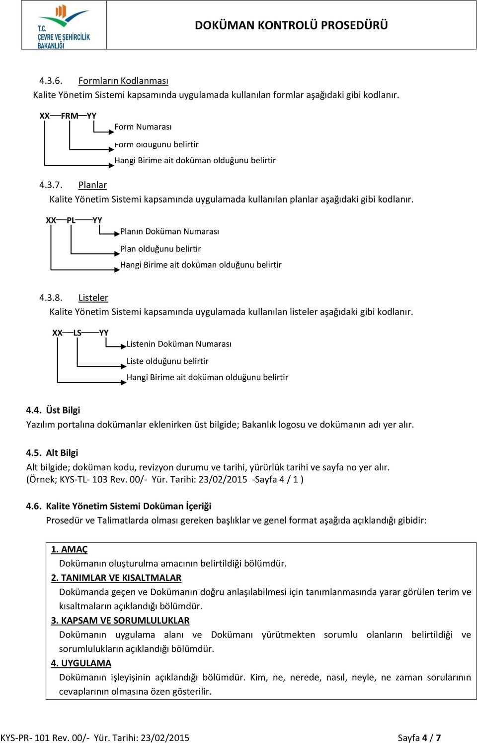 Listeler Kalite Yönetim Sistemi kapsamında uygulamada kullanılan listeler aşağıdaki gibi kodlanır. LS Listenin Doküman Numarası Liste olduğunu belirtir 4.