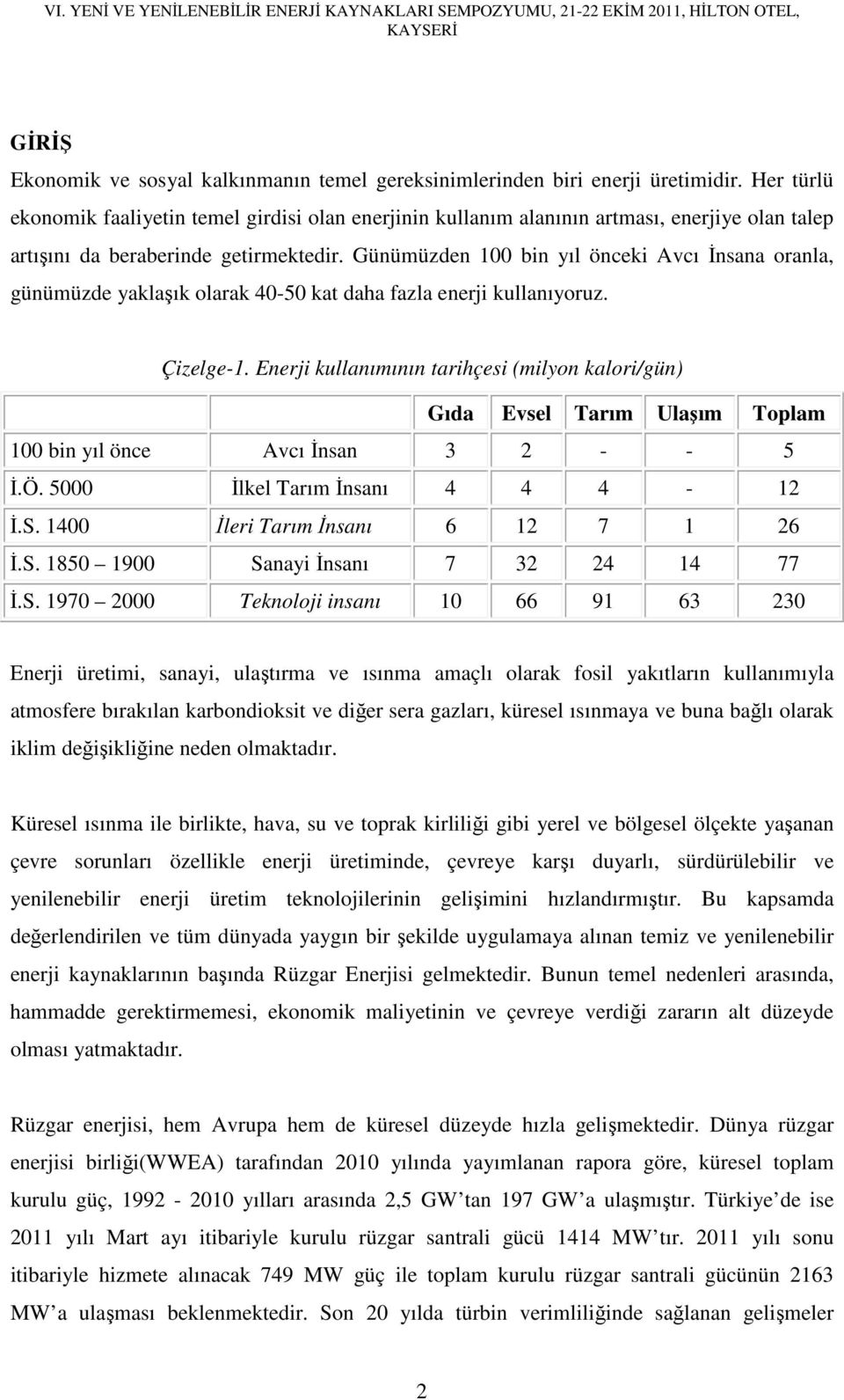 Günümüzden 1 bin yıl önceki Avcı İnsana oranla, günümüzde yaklaşık olarak 4-5 kat daha fazla enerji kullanıyoruz. Çizelge-1.