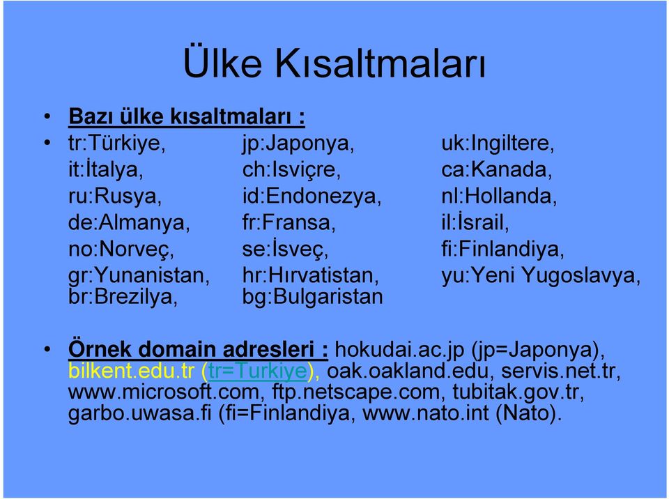 hr:hırvatistan, bg:bulgaristan yu:yeni Yugoslavya, Örnek domain adresleri : hokudai.ac.jp (jp=japonya), bilkent.edu.