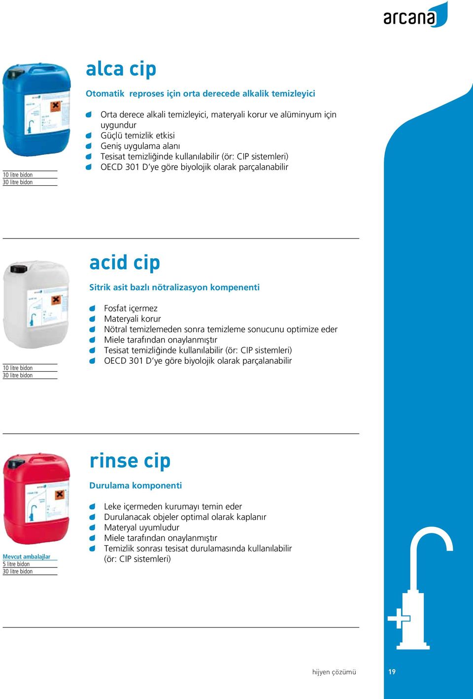 temizlemeden sonra temizleme sonucunu optimize eder Miele tarafından onaylanmıştır Tesisat temizliğinde kullanılabilir (ör: CIP sistemleri) rinse cip Durulama komponenti 5 litre bidon 30 litre bidon