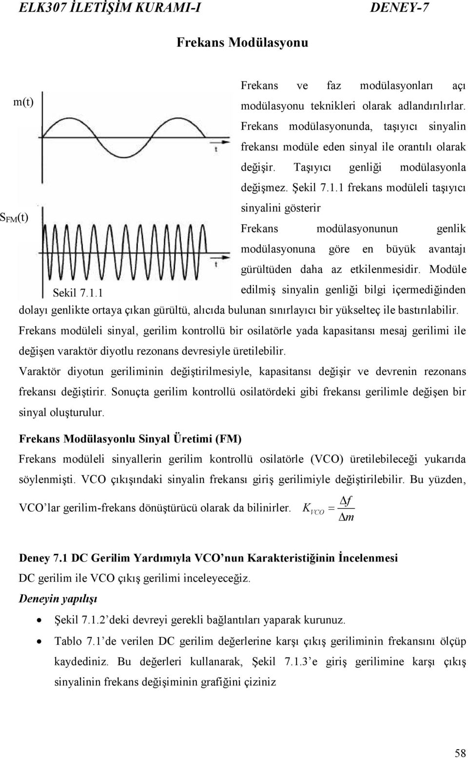 Modüle Şekil 7.1.1 ediliş sinyalin genliği bilgi içerediğinden dolayı genlikte ortaya çıkan gürültü, alıcıda bulunan sınırlayıcı bir yükselteç ile bastırılabilir.