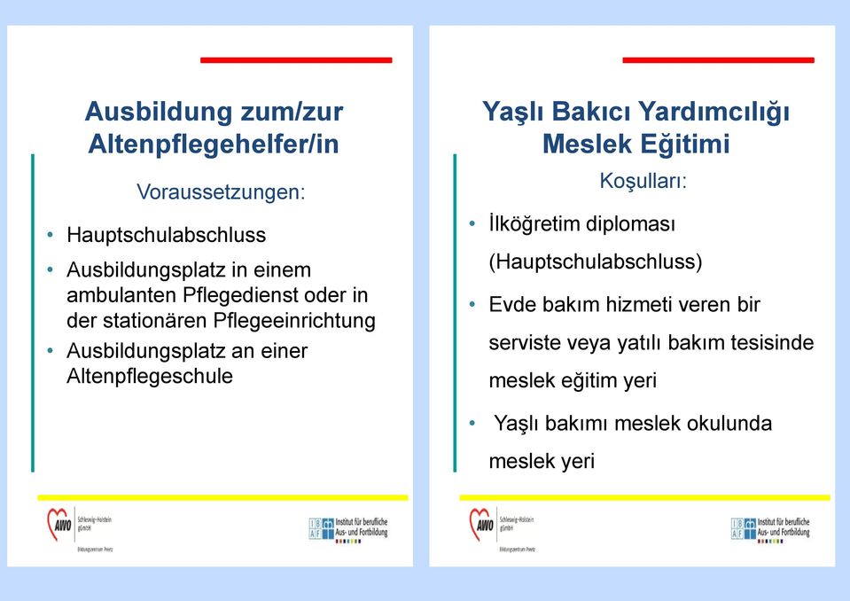 Altenpflegeschule Yaşlı Bakıcı Yardımcılığı Meslek Eğitimi Koşulları: İlköğretim diploması