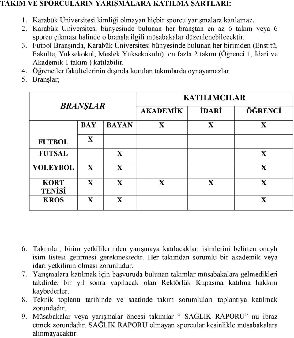 Futbol Branşında, Karabük Üniversitesi bünyesinde bulunan her birimden (Enstitü, Fakülte, Yüksekokul, Meslek Yüksekokulu) en fazla 2 takım (Öğrenci 1, İdari ve Akademik 1 takım ) katılabilir. 4.