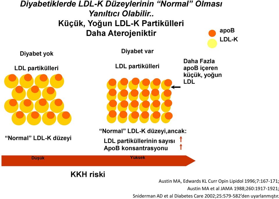 Fazla apob içeren küçük, yoğun LDL Normal LDL-K düzeyi Düşük Normal LDL-K düzeyi,ancak: LDL partiküllerinin sayısı ApoB