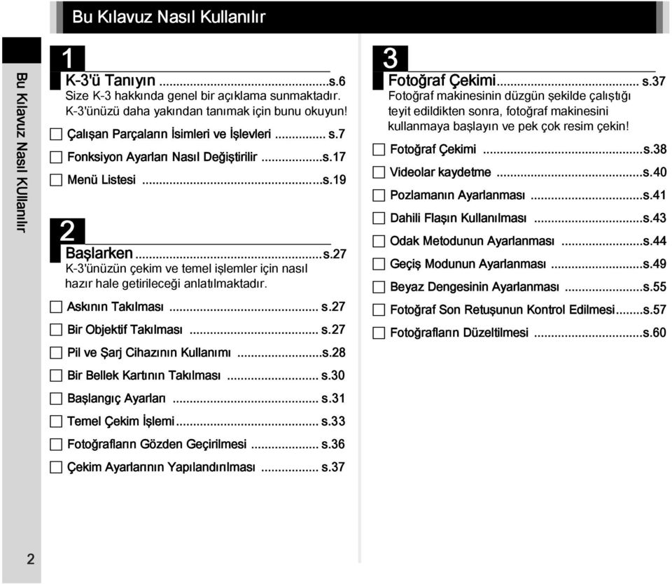 Askının Takılması... s.27 Bir Objektif Takılması... s.27 Pil ve Şarj Cihazının Kullanımı...s.28 Bir Bellek Kartının Takılması... s.30 Başlangıç Ayarları... s.31 Temel Çekim İşlemi... s.33 Fotoğrafların Gözden Geçirilmesi.
