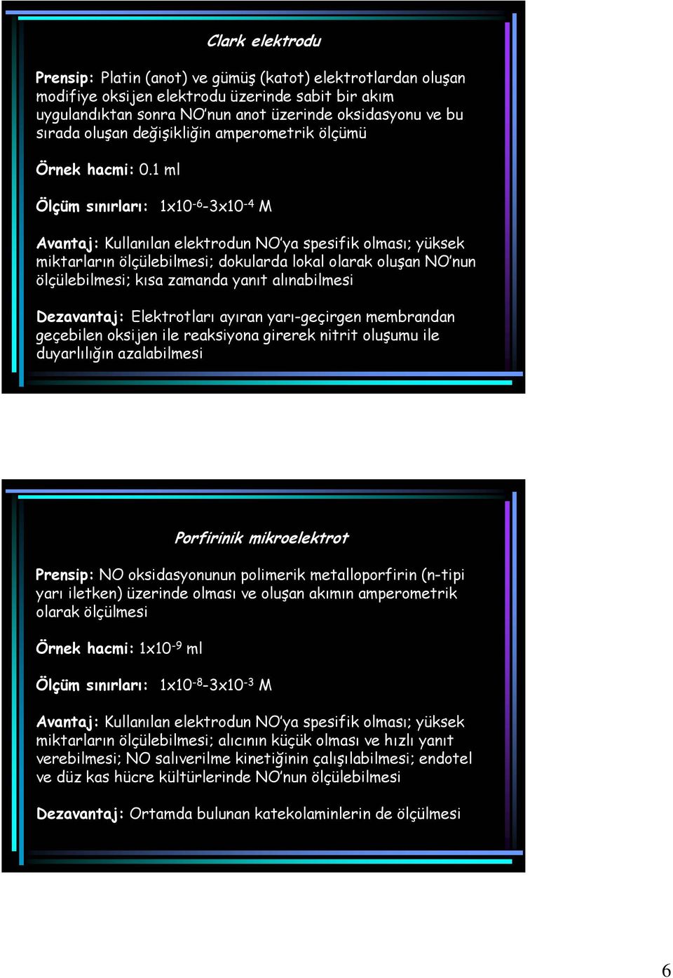 1 ml Ölçüm sınırları: 1x10-6 -3x10-4 M Avantaj: Kullanılan elektrodun NO ya spesifik olması; yüksek miktarların ölçülebilmesi; dokularda lokal olarak oluşan NO nun ölçülebilmesi; kısa zamanda yanıt