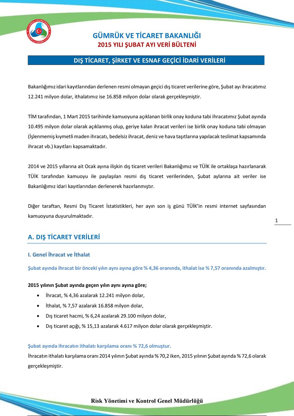 495 milyon dolar olarak açıklanmış olup, geriye kalan ihracat verileri ise birlik onay koduna tabi olmayan (İşlenmemiş kıymetli maden ihracatı, bedelsiz ihracat, deniz ve hava taşıtlarına yapılacak