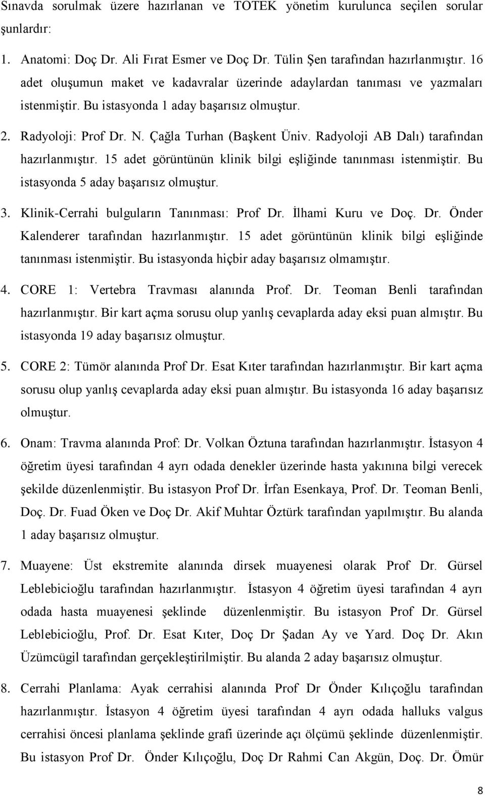 Radyoloji AB Dalı) tarafından hazırlanmıştır. 15 adet görüntünün klinik bilgi eşliğinde tanınması istenmiştir. Bu istasyonda 5 aday başarısız olmuştur. 3. Klinik-Cerrahi bulguların Tanınması: Prof Dr.