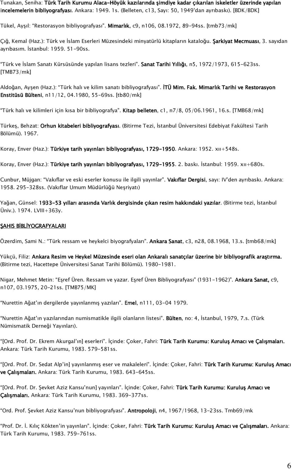 ): Türk ve İslam Eserleri Müzesindeki minyatürlü kitapların kataloğu. Şarkiyat Mecmuası, 3. sayıdan ayrıbasım. İstanbul: 1959. 51-90ss. Türk ve İslam Sanatı Kürsüsünde yapılan lisans tezleri.