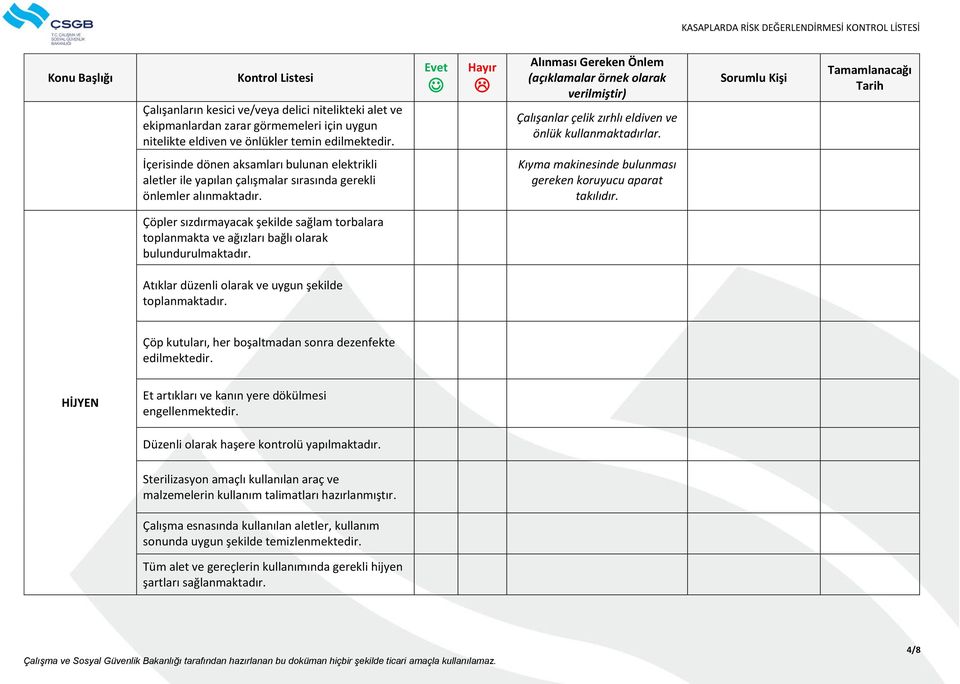 Kıyma makinesinde bulunması gereken koruyucu aparat takılıdır. Çöpler sızdırmayacak şekilde sağlam torbalara toplanmakta ve ağızları bağlı olarak bulundurulmaktadır.