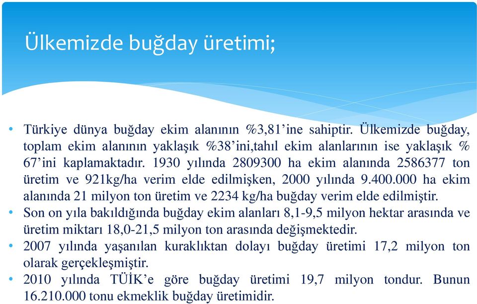 1930 yılında 2809300 ha ekim alanında 2586377 ton üretim ve 921kg/ha verim elde edilmişken, 2000 yılında 9.400.