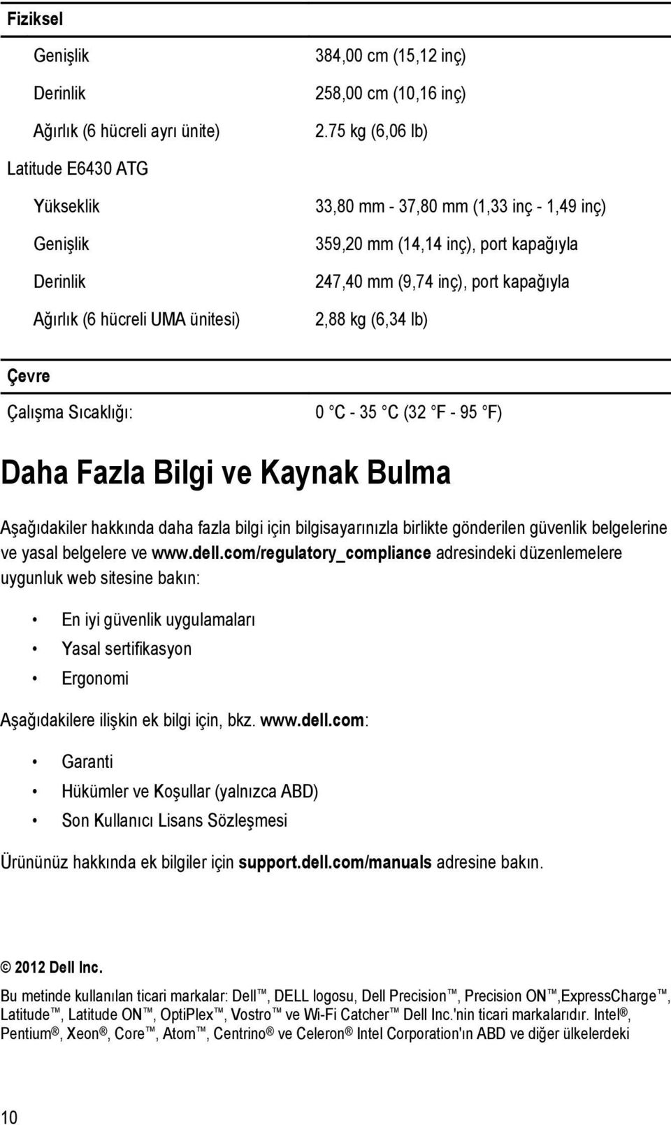 port kapağıyla 2,88 kg (6,34 lb) Çevre Çalışma Sıcaklığı: 0 C - 35 C (32 F - 95 F) Daha Fazla Bilgi ve Kaynak Bulma Aşağıdakiler hakkında daha fazla bilgi için bilgisayarınızla birlikte gönderilen