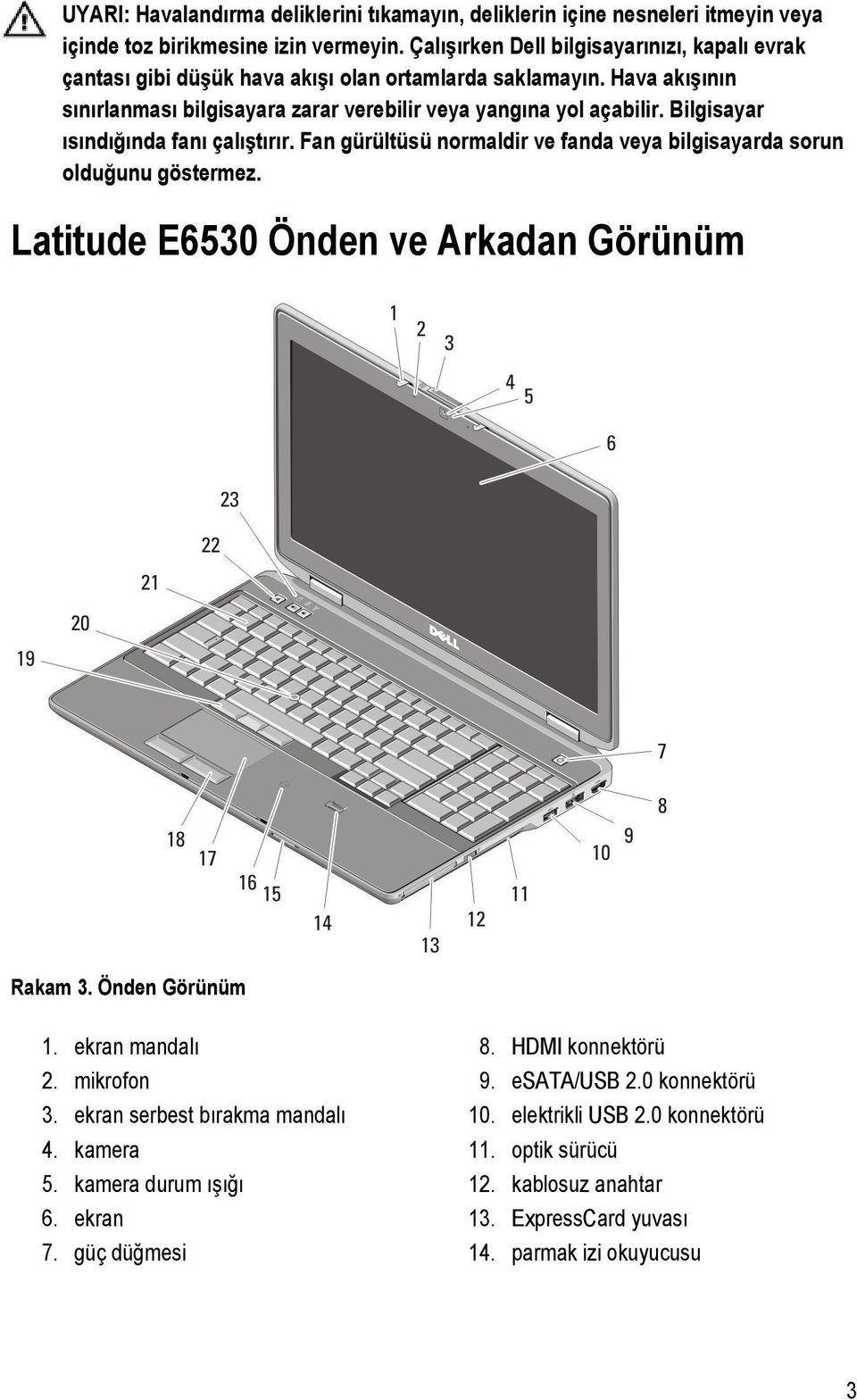 Bilgisayar ısındığında fanı çalıştırır. Fan gürültüsü normaldir ve fanda veya bilgisayarda sorun olduğunu göstermez. Latitude E6530 Önden ve Arkadan Görünüm Rakam 3. Önden Görünüm 1.