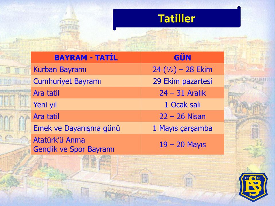 Gençlik ve Spor Bayramı GÜN 24 (½) 28 Ekim 29 Ekim pazartesi